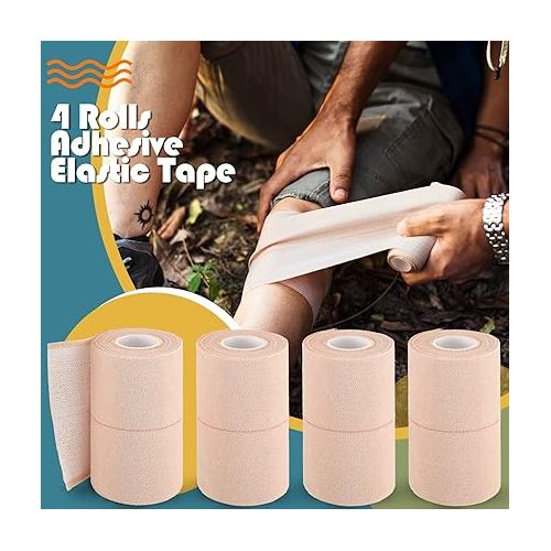  4 Rolls Elastic Tape Adhesive Elastic Tape Self Adhesive Bandage Wrap Flexible Stretch Bandages for Sports Ankle, Knee and Wrist Sprains Animal Pets, 5 Yard (3 Inch in Width)