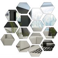 BBTO 15 Pieces 9 cm Adhesive Mirror Wall Stickers Hexagon Mirror Sheet for Home Bedroom Decor, Silver, 1 mm Thickness