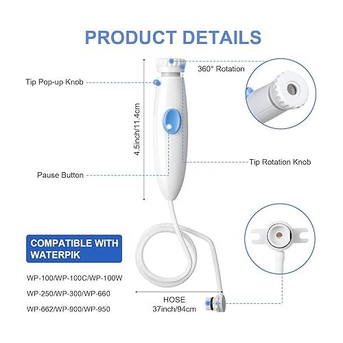  BBTO Oral Hygiene Accessories Standard Water Hose Plastic Handle with Water Flosser Replacement Jet Tip, Compatible with Waterpik Oral Irrigator WP-100 WP-300 WP-660 WP-900 (4 Pieces)