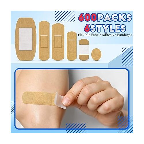  600 Pieces Assorted Bandages, Flexible Fabric Adhesive Bandages Family Variety Pack, Small Comfortable Fingertip Bandages Bulk for Wound, Various Sizes Spot Bandage, Round Cloth Bandages for Aids