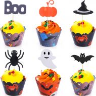 BBTO 48 Pieces Halloween Cupcake Toppers Wrappers Halloween Cake Picks Cupcake Liners for...