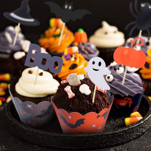  BBTO 48 Pieces Halloween Cupcake Toppers Wrappers Halloween Cake Picks Cupcake Liners for...