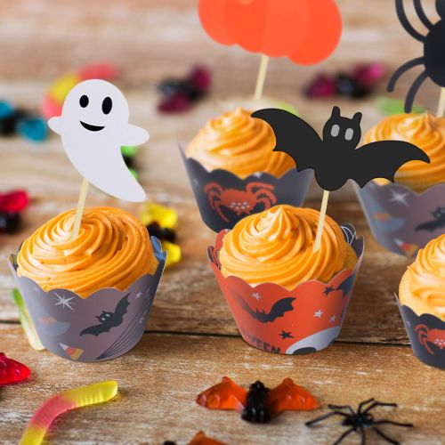  BBTO 48 Pieces Halloween Cupcake Toppers Wrappers Halloween Cake Picks Cupcake Liners for...