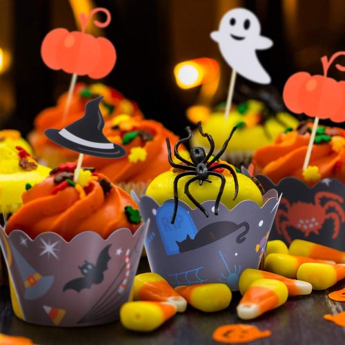  BBTO 48 Pieces Halloween Cupcake Toppers Wrappers Halloween Cake Picks Cupcake Liners for...