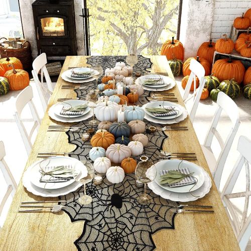  BBTO 5 Pack Halloween Decorations Kitchen Decor Indoor Tablecloth Runner Fireplace Scarf Lace Curtain Round Table Cover Spider Cobweb Lampshade and 36 Pieces Scary 3D Bat Stickers