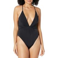 BCBGMAXAZRIA Women's Plunging V-Neckline Shirred Solid Color One Piece Swimsuit