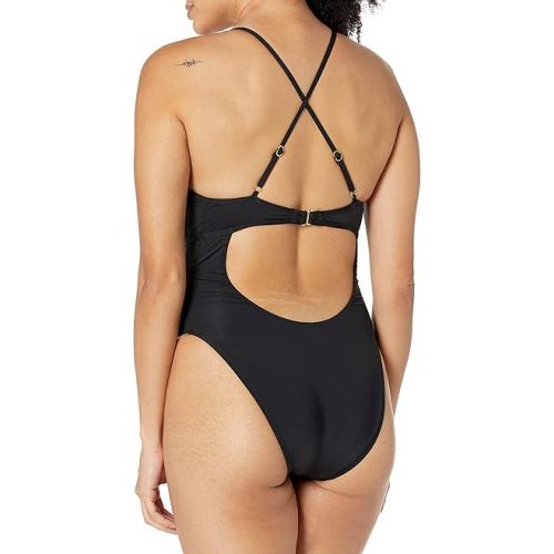  BCBGMAXAZRIA Women's Plunging V-Neckline Shirred Solid Color One Piece Swimsuit