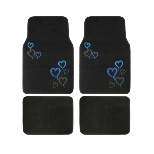 BDK A set of 15 Piece Automotive Gift Set: 2 Lowback Seat Covers, 1 Bench Cover, 5 Headrests, 4 Floor Mats - Love Story Hearts Blue