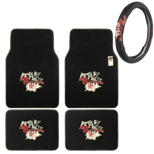  BDK A Set of 4 Universal Fit Plush Carpet Floor Mats For Cars/Trucks and One Comfort Grip Steering Wheel Cover - Tasmania Devil Taz Whirlwind