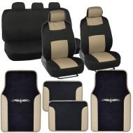 BDK PolyCloth Car Seat Covers Black & Beige Tan Two-Tone Classic & Vinyl Trim PU Leather/Carpet Floor Mats for Auto