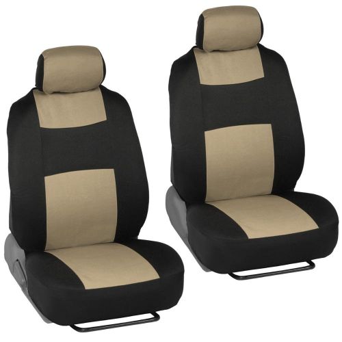  BDK PolyCloth Car Seat Covers Black & Beige Tan Two-Tone Classic & Vinyl Trim PU Leather/Carpet Floor Mats for Auto