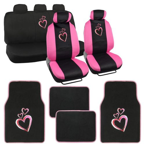  BDK 13 Piece Love Hearts Design Complete Set - 9 Piece Seat Covers and 4 Piece Carpet Mats - Premium Design