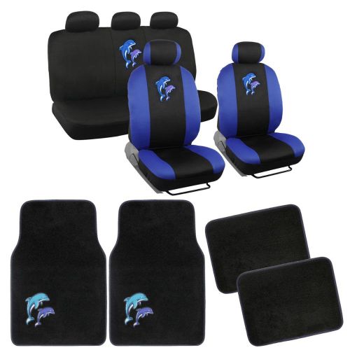  BDK Ocean Blue Dolphins Seat Covers and Floor Mats for Car, SUV - Auto Accessories Interior Kit Gift Set