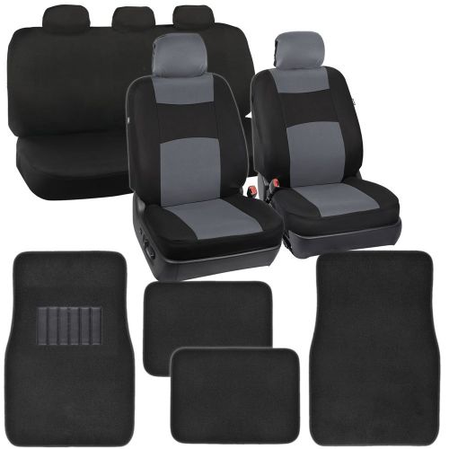  BDK PolyCloth Car Seat Covers Black & Gray Two-Tone Classic & Black Carpet Floor Mats for Auto