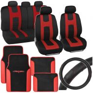 BDK Rome Sport Seat Covers & Floor Mats - Red on Black Poly Cloth w/ Stitched Synthetic Leather Steering Wheel Cover