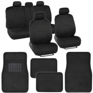 BDK Classic Full Set - Mesh Cloth Polyester Solid Black Car Seat Covers & Carpet Floor Mats