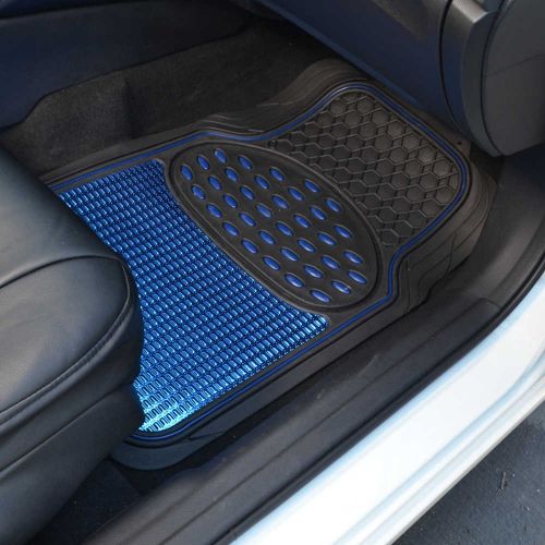  BDK Black & Blue Heavy Duty Metallic Finish Rubber Floor Mats w/ ProSleek Synth Leather Steering Wheel Cover