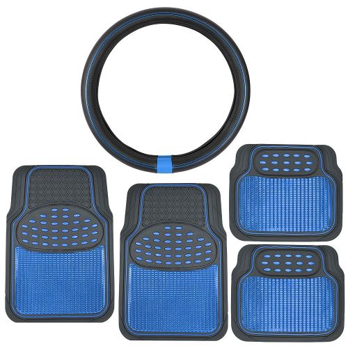  BDK Black & Blue Heavy Duty Metallic Finish Rubber Floor Mats w/ ProSleek Synth Leather Steering Wheel Cover