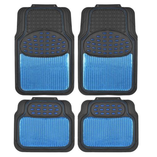  BDK Black & Blue Heavy Duty Metallic Finish Rubber Floor Mats w/ ProSleek Synth Leather Steering Wheel Cover