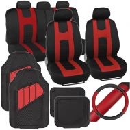 BDK PolyCloth Sport Seat Covers Rubber Floor Mats & Steering Wheel Cover for Auto Car SUV Truck - Two Tone Black & Red