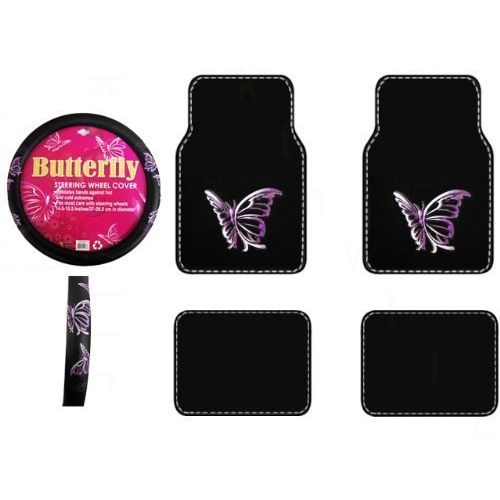  BDK A Set of 4 Universal Fit Plush Carpet Floor Mats and 1 Comfort Grip Steering Wheel Cover - Multiple Purple Butterflies