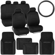 BDK Black Combo Fresh Design Matching All Protective Seat Covers (2 Front 1 Bench) Ergonomic Steering Cover (1 Piece) Heavy Protection Sleek Graphic Auto Carpet Floor Mats (4 Set)