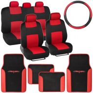 BDK Red Combo Fresh Design Matching All Protective Seat Covers (2 Front 1 Bench) Ergonomic Steering Cover (1 Piece) Heavy Protection Sleek Graphic Auto Carpet Floor Mats (4 Set)