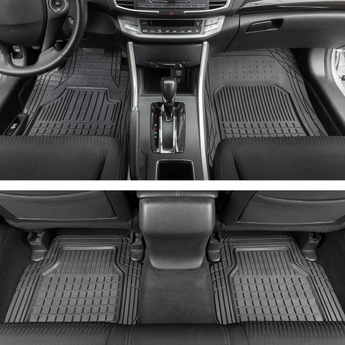  BDK M190 Black Rubber Car Floor Mats - Classic Square Grid Channels - Trim to Fit Feature, 100% Odorless