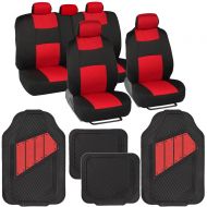 BDK Two-Tone PolyCloth Car Seat Covers w/Motor Trend Dual-Accent Heavy Duty Rubber Floor Mats - Black/Red