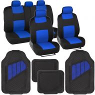 BDK Two-Tone PolyCloth Car Seat Covers w/Motor Trend Dual-Accent Heavy Duty Rubber Floor Mats - Black/Blue