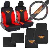 BDK Wonder Woman Auto Accessories Combo Pack - Waterproof Seat Covers, Synth Leather Steering Wheel Cover & 4 Piece Car Floor Mats