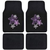 BDK Pretty Rugs - Carpet Car Floor Mats White Violet Purple Flowers Embossed - Pink on Black 4pc Set
