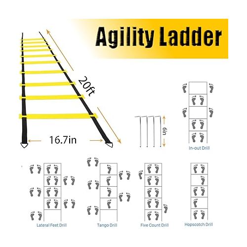  BDL Agility Ladder Speed Training Set - Includes Agility Ladder, 12 Disc Cones with Stand, 4 Hurdles, Running Parachute, Jump Rope and 5 Resistance Bands for Training Football, Soccer, Basketball