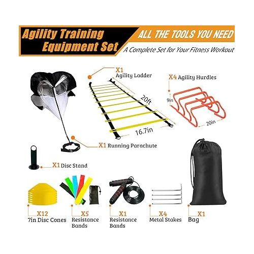  BDL Agility Ladder Speed Training Set - Includes Agility Ladder, 12 Disc Cones with Stand, 4 Hurdles, Running Parachute, Jump Rope and 5 Resistance Bands for Training Football, Soccer, Basketball