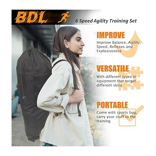  BDL Agility Ladder Speed Training Set - Includes Agility Ladder, 12 Disc Cones with Stand, 4 Hurdles, Running Parachute, Jump Rope and 5 Resistance Bands for Training Football, Soccer, Basketball