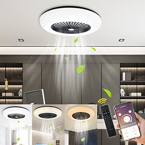  BDL Enclosed Ceiling Fan with Lights LED Warm Natural White Light 3 Color Dimmable Adjustable Wind 6 Speeds Timing Remote APP Control Modern 22 Inch Acrylic Low Profile Bedroom Liv