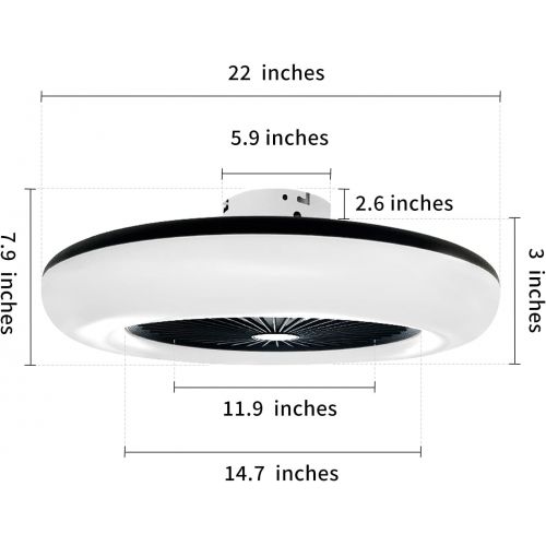  BDL Enclosed Ceiling Fan with Lights LED Warm Natural White Light 3 Color Dimmable Adjustable Wind 6 Speeds Timing Remote APP Control Modern 22 Inch Acrylic Low Profile Bedroom Liv