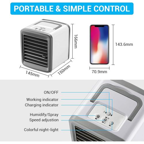  BDTTBZ Personal Air Conditioner, Portable Air Cooler Fan with Handle, 4 IN 1 Mini Evaporative Cooler USB Rechargeable Desk Fan, Cooling Mist Humidifier with Colorful Led Night Ligh