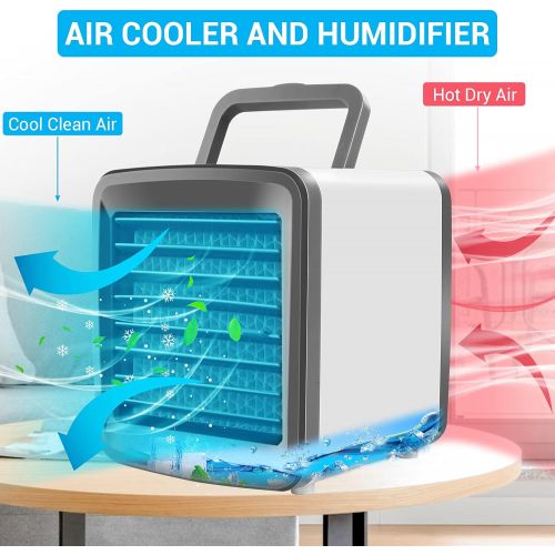  BDTTBZ Personal Air Conditioner, Portable Air Cooler Fan with Handle, 4 IN 1 Mini Evaporative Cooler USB Rechargeable Desk Fan, Cooling Mist Humidifier with Colorful Led Night Ligh