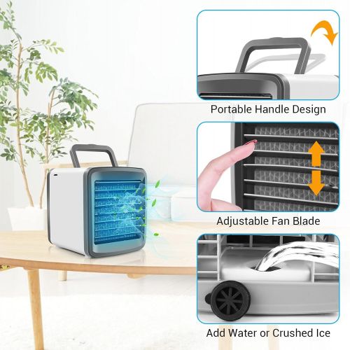  BDTTBZ Personal Air Conditioner, Portable Air Cooler Fan with Handle, 4 IN 1 Mini Evaporative Cooler USB Rechargeable Desk Fan, Cooling Mist Humidifier with Colorful Led Night Ligh