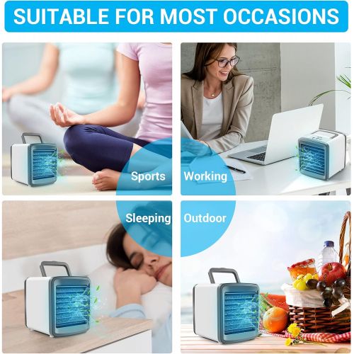  BDTTBZ Personal Air Conditioner, Portable Air Cooler Fan with Handle, 4 IN 1 Mini Evaporative Cooler USB Rechargeable Desk Fan, Cooling Mist Humidifier with Colorful Led Night Ligh