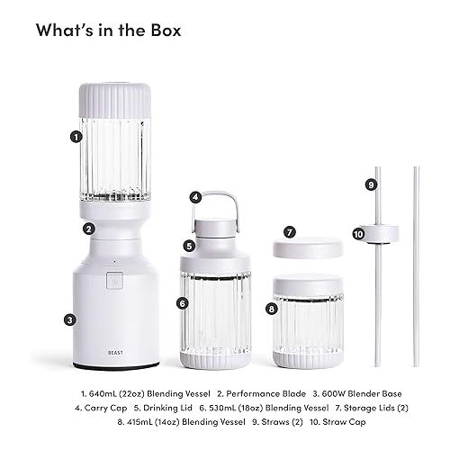  The Beast Mini Blender Plus | Mini Countertop Kitchen Blender | Blend Smoothies and Shakes, Dressings, Sauces, Dips | Extra Vessels, Straw Cap and Straws Included | 600W (Cloud White)