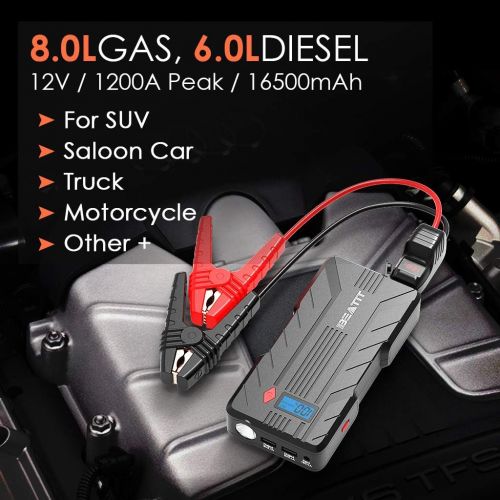  Beatit 1200Amps QDSP 1200A Peak 16500mAh 12V Portable Car Lithium Jump Starter (up to 8.0L Gas and 6.0L Diesel) Battery Booster Phone Charger Power Pack with Smart Jumper Cables B7