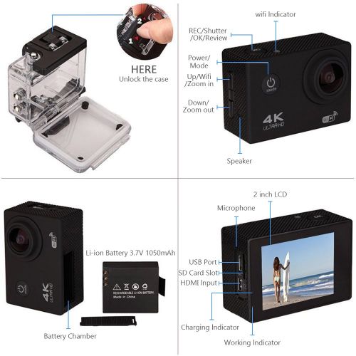  BEAUBOMB Underwater Camera 4K Ultra HD Action Cameras 16MP Sony Sensor Sports 98ft Waterproof Case Mini Video Sport Cameras 170° Wide Angle WiFi & Wrist Remote Control Cam - 4K@30FPS Ultra