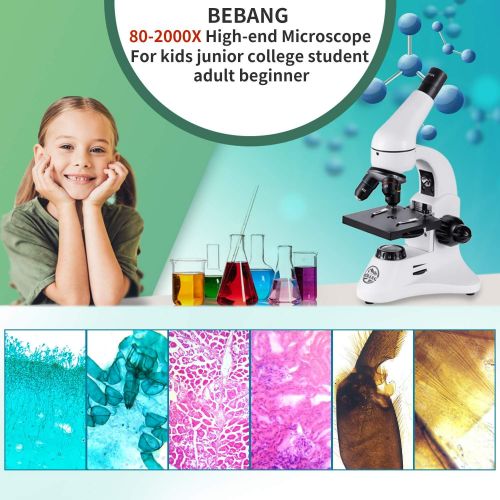  [아마존베스트]BEBANG 80X-2000X Optical Microscope, Metal Body, 2 WF Oculars, Dual-lluminators System, US Plug, Full Accessories for Kids Students Begginers