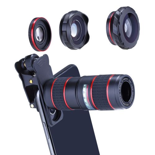  Camera Phone Lens Kit,BECEMURU 12X 4 in 1 Phone Cell Zoom Telephoto Lens+15X Macro Lens+0.36Wide Angle Lens+180°Fisheye Lens Dual Camera Lens Clip for iPhone Samsung Smartphones Ta