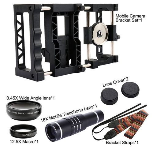  BECROWMUS Smartphone Video Rig Set,0.6X Wide Angle Lens & 18X Mobile Telephone Lens & Lens Cap & Strap Bundle, Adjustable Filmmaking for Video Maker Filmmaker Videographer fit iPho