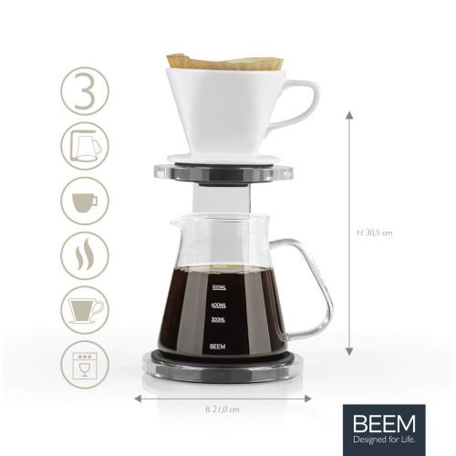  Beem Pour Over Kaffeebereiter Set - 5 Tassen | Classic Selection | 3-teilig | Spuelmaschinengeeigneter Keramik-Handfilter | Groesse 2 | 0,65 l Glaskanne | Modernes Acrylglas-Gestell m