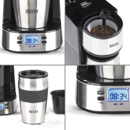  BEEM THERMO 2 GO Single-Filterkaffeemaschine - Thermo | Inklusive 0,4 l Thermobecher to go und Permanentfilter | 24h-Timer | 750 W | Edelstahl