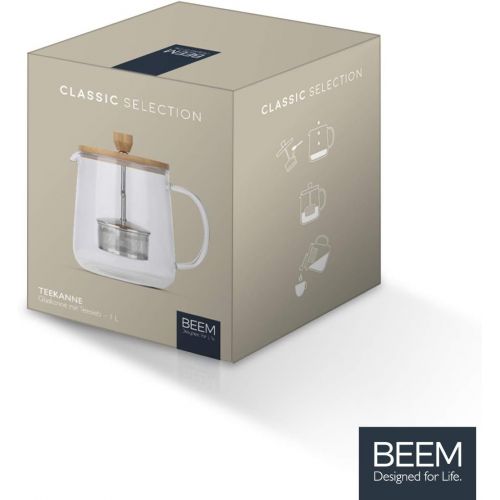  Beem TEEKANNE Glaskanne mit Teesieb - 1 l | Classic Selection | Hitzebestandiges Glas | Bambus | Abnehmbares Edelstahl-Sieb mit Hebefunktion | 8 Tassen